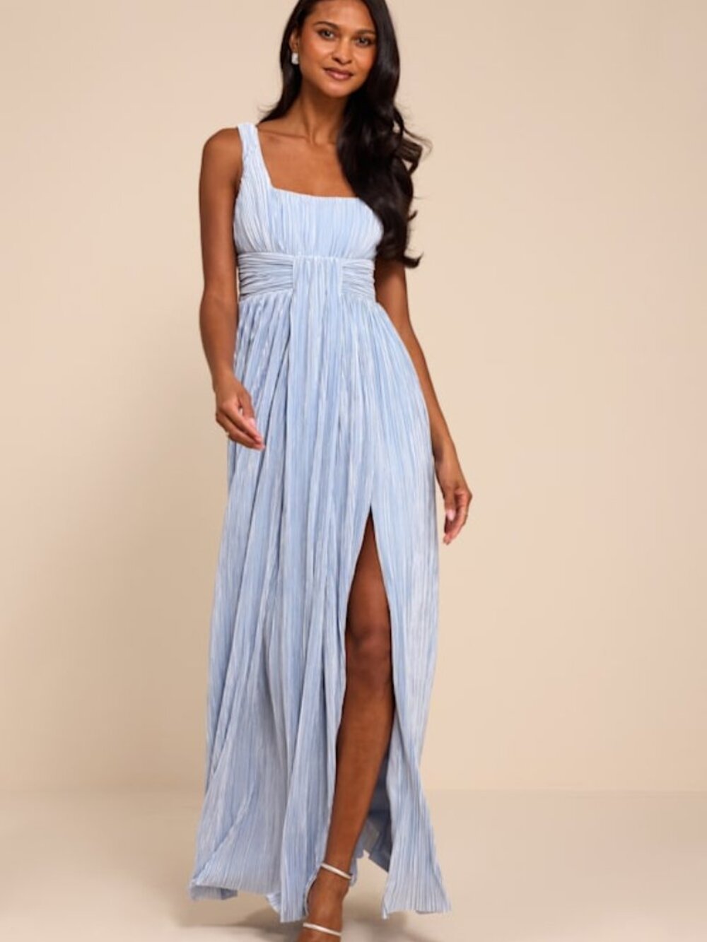 Lulus Ameena Light Blue Plisse Square Neck Sash Maxi Dress - Size S